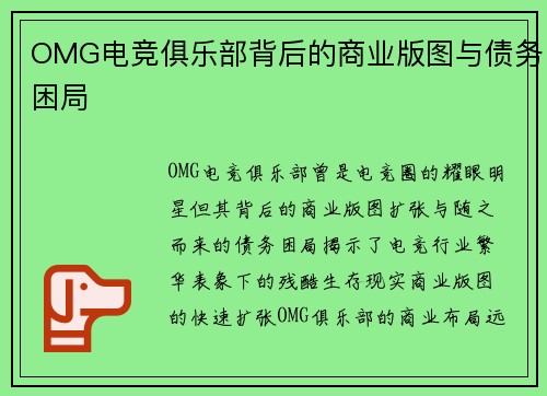 OMG电竞俱乐部背后的商业版图与债务困局
